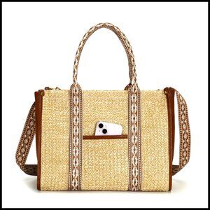 Boho Straw Tote Bag Handwoven Raffia Adjustable Strap Large Satchel Purse